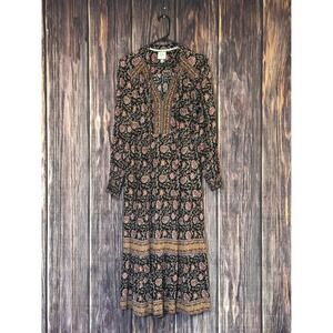 Knox Rose Dress Womens L Black Floral Midi Long Sleeve Tassel Pockets Boho